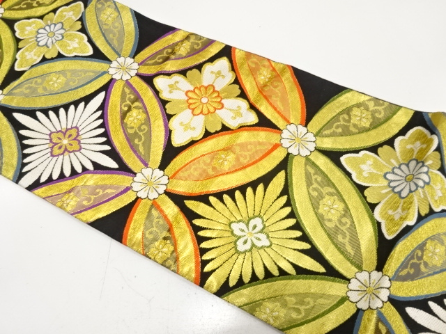 JAPANESE FUKURO OBI FOR FURISODE / WOVEN FLOWER SHIPPO PATTERN